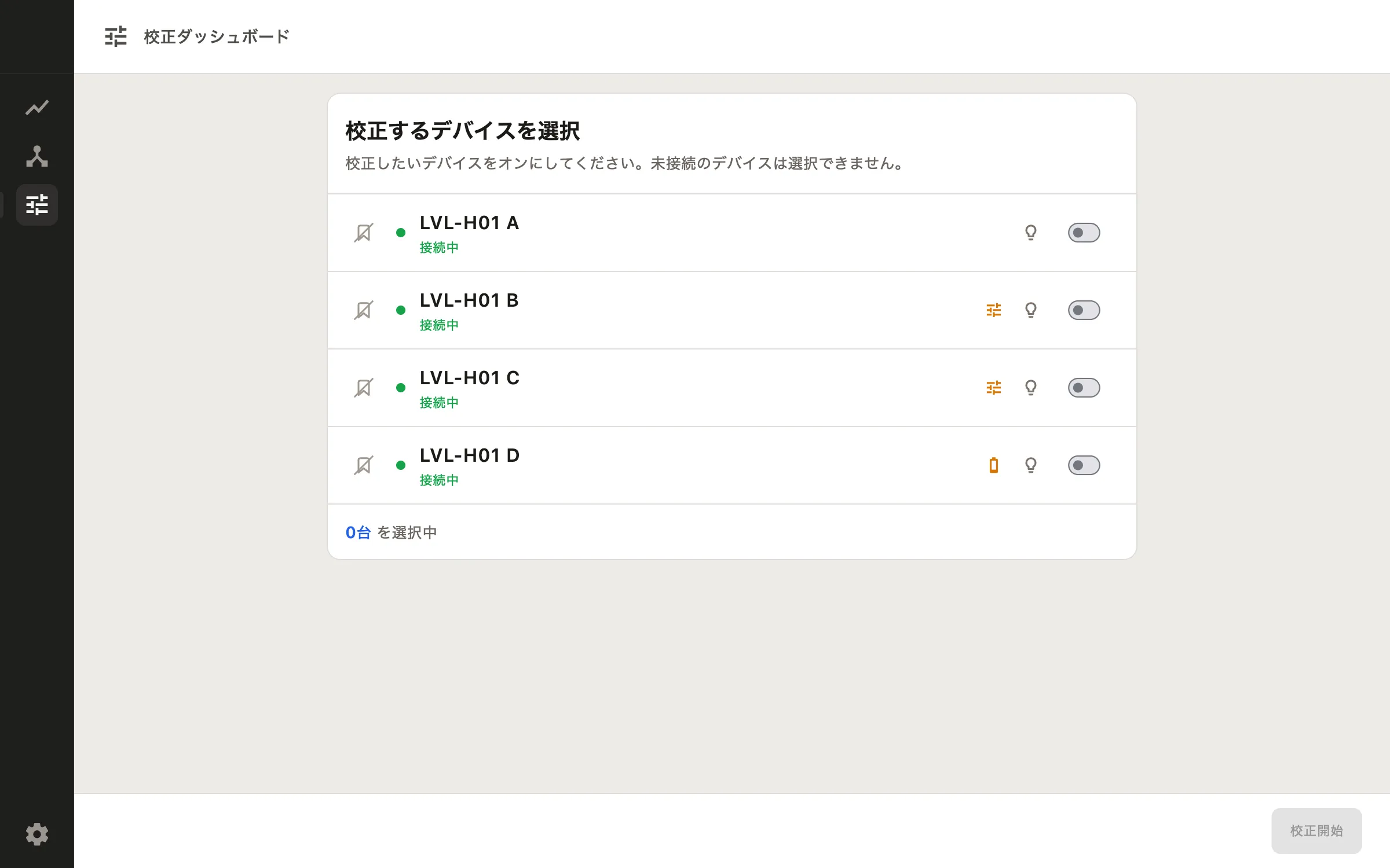 校正ダッシュボードのデバイス選択
